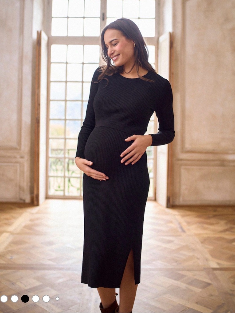 Seraphine Black Rib-Knit Long Sleeve Maternity Nursing Midi Dress size 6